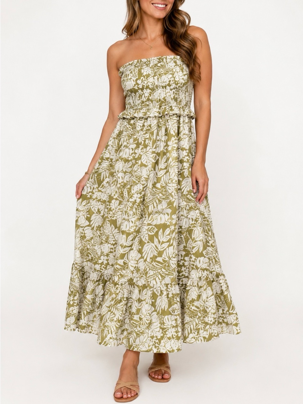 Blu Pepper Olive Green and White Strapless Floral Maxi Dress